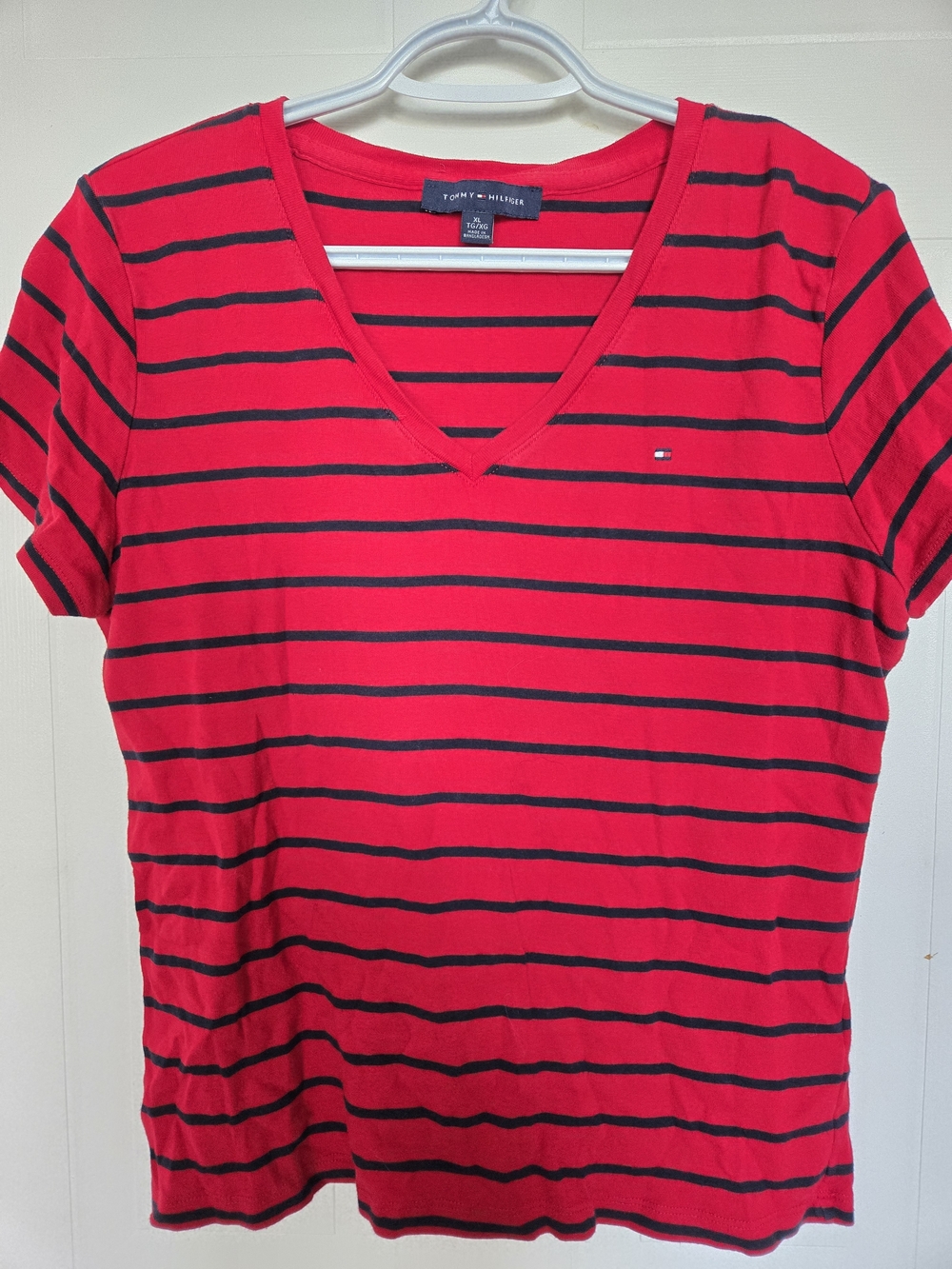 Tommy Hilfiger Red & Navy Striped V-Neck Tee